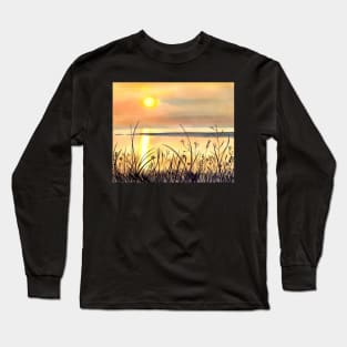 Sunset by the Water Watercolor Painting Long Sleeve T-Shirt